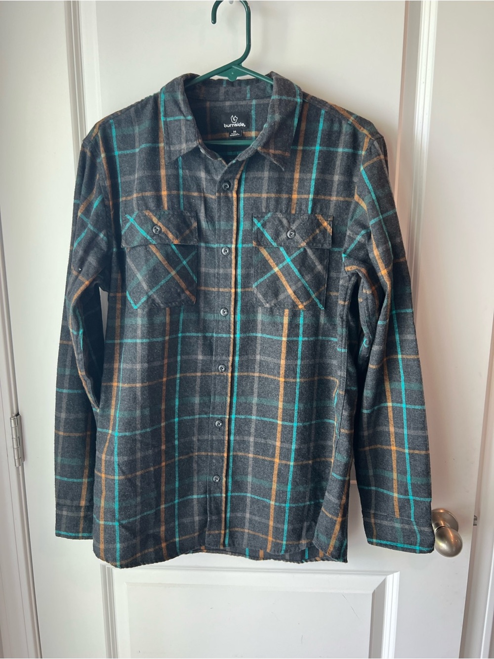 burnside Gray Plaid Shirt Jacket with Teal and Tan Stripes. Medium